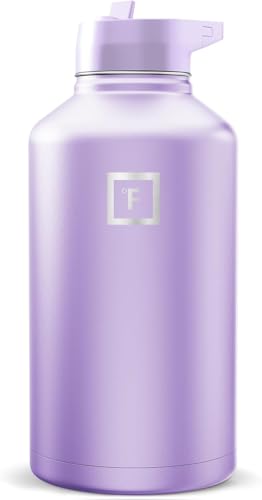 Image of IRON FLASK Camping & Hiking Hydration Flask with Straw, Wide Mouth Insulated Stainless Steel Sports Water Bottle - Lavender 64 oz - Straw (1 Lid)