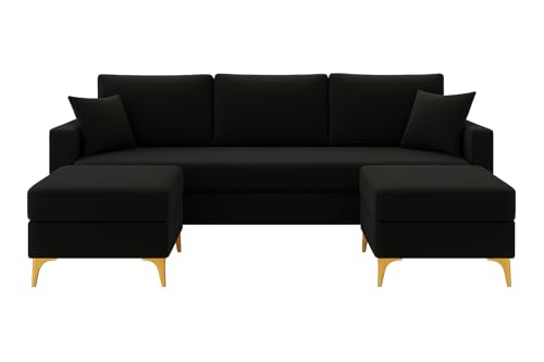 Image of SOCOZI Bravelle 5 Seater L Shape Sofa Set with 2 Movable Ottomans | Flexible Layout| Soft Velvet Suede Fabric|Modern Sofa | Plush Comfort Cushions for Living Room (Black)