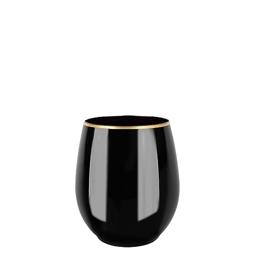 EcoQuality 12 oz Black Plastic Stemless Wine Glasses with Gold Rim, Disposable Unbreakable Shatterproof Elegant and Reusable Wine Tumbler for Partys, Weddings, Ideal for Indoor or Outdoor Events (42)