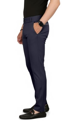 Image of Mehrang Men's Slim Fit Casual Mid Rise Trousers, Cotton Blend, Side Pockets || Classic Slim Fit Chino Pants || Business Casual Dress Trousers