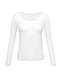 Long Sleeve Workout Tops for Women White Baselayer Going Out Shirts Scoop Neck Soft Fall Clothes for Girls 2025 (White Medium)