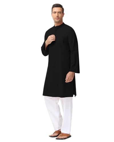 LVCBL Men's Kaftan Robe Long Sleeve Linen Thob Side Split Button Down Thobe Long Tunic Shirts4
