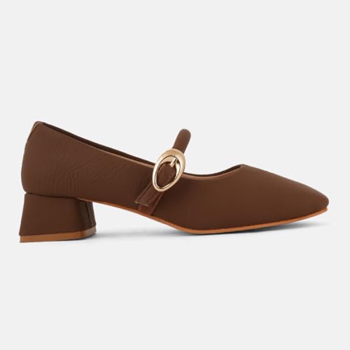 Image of DROP BOLD Khaki Square Toe Mary Jane Block Heel Show For Women & Girls