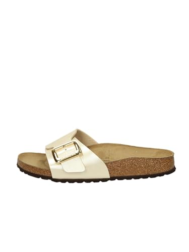 Birkenstock Women's Sandals, Catalina Model, Birko-Flor Upper, Slip-on Opening, Metal Buckle, Leather Interior, Cork Insole, EVA Sole, Tight Fit, Pearl Colour, White, 7/7.5