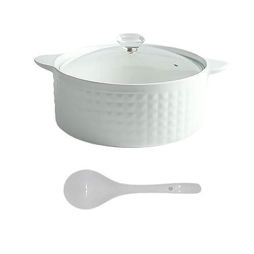 Vnook Double Handle Lid Pure White Ceramic Tureen Soup Ceramic Round White Dish Casserole/Clay Pot/Earthen Pot/Ceramic Cookware,2000mla
