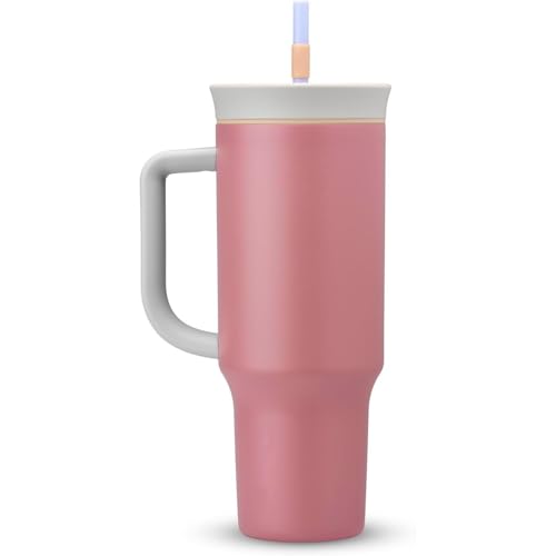 Image of SKDBPM Personalized Stainless Steel Tumbler with Handle, 1200ml Capacity, Black Insulated Travel Mug with Straw, Custom Name Design (1200ml Pink)