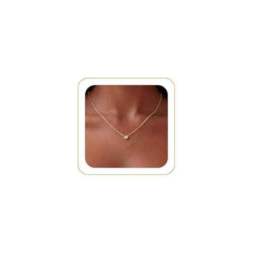 Tewiky Dainty 14k Gold Plated CZ Cubic Zirconia Solitaire Pendant Necklace - Minimalist Choker...