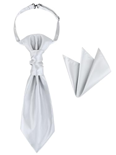 WANYING Cravatta da uomo e fazzoletto da taschino 2 in 1, regolabile, chiusura a gancio, matrimonio, grigio chiaro, fazzoletto da taschino grigio, taglia unica
