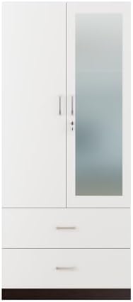 VIKI Wardrobe | Wooden Almirah for Clothes,Door for Bedroom, 2 Door Wardrobe with Drawer, Mirror & Hanging Space (Dark Wenge, Frosty White - 40D x 80W x 180H) | 1 Year Warranty | Free Assembly