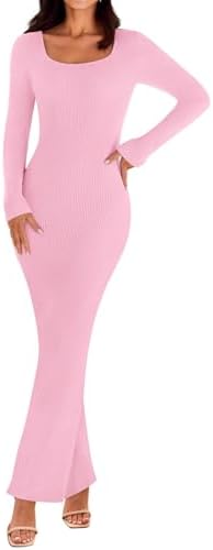 MEROKEETY Women's Fall Long Sleeve Bodycon Maxi Ribbed Knit Sweater Dress
