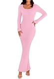 MEROKEETY Women's 2024 Fall Long Sleeve Sweater Dress Square Neck Ribbed Knit Bodycon Long Maxi Dresses, LightPink, Small