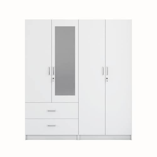 Image of VIKI Wardrobe | Wooden Almirah for 4 Door 2 Drawer with Shelves & 2 Hanging Space Mirror Wardrobe (Frosty White - 40D x 160W x 180.8H) | 1 Year Warranty | Free Assembly