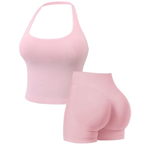 Womens Workout Sets Gym Outfits 2 Pieces Seamless Longline Halter Backless Crop Top Impact Scrunch Bums Shorts Yoga Tracksuit