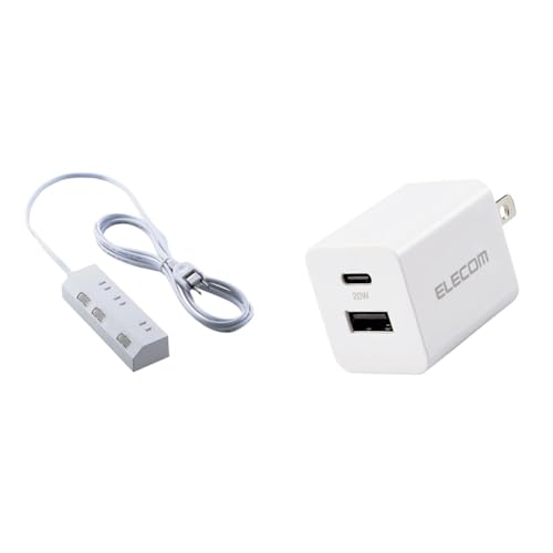 【USB充電器セット】 エレコム 電源タップ マグネット付き スイッチ付き 3m 3個口 ほこりシャッター 雷ガード ホワイト ECT-35M30WH + 充電器 2ポート Type-C(USB-C) + USB-A USB PD対応 20W ホワイト EC-AC22WHの商品画像（Amazon）