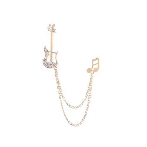 Fashion Guitar Long Chain Lapel Brooch Pin with Music Note CZ Musical Instrument Tassel Pins for Women Girls Men Suit Sweater Coat Jacket Backpack Brooches Pins Musician Party Jewelry Gifts (Gold)