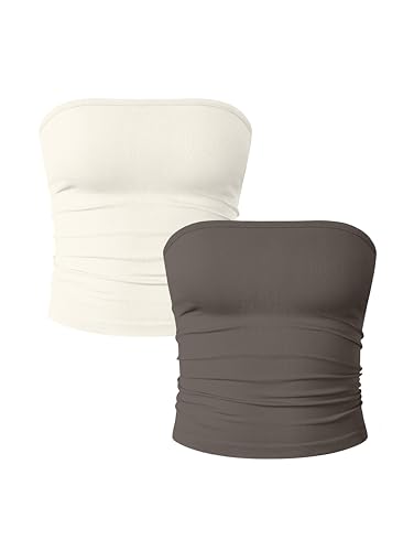 OQQ Damen Tube Tops 2er Pack Ohne Ärmel Slim Fit Camilose Top Cropped Oberteil Tank Top für Damen Teeblatt Beige