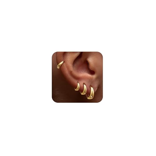 Foxgirl 4 Pairs Small Chunky Huggie Hoop Earrings for Women - Dainty 14K Gold Plated Hypoallergenic...