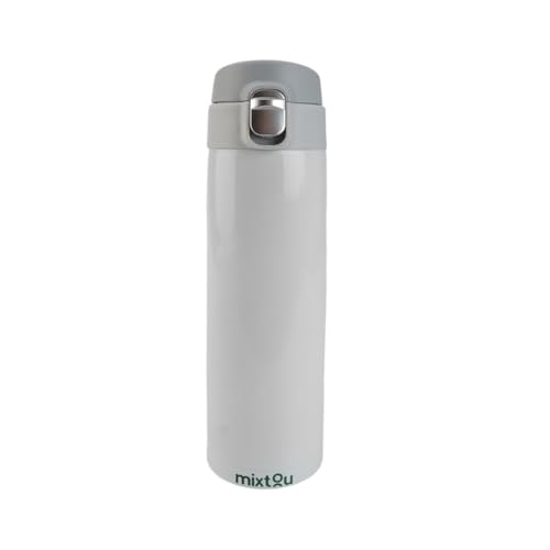 Garrafa térmica de aço inox na cor branca com tampa cinza e trava de segurança