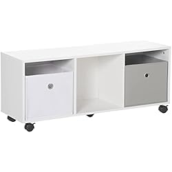 Cajones Para Juguetes Con Ruedas HOMCOM Estantería de Juguetes con 5 Ruedas Organizador de Juguetes de Madera con 3 Cubos de Almacenamiento y 2 Cajones de Tela Extraíbles Mueble Infantil 90x30x37,9 cm Blanco