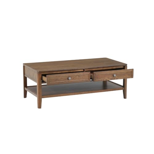 Image of Royaloak Dallas American Wooden Coffee Table | Rectangular Centre Table for Living Room with Ash Veneer Top, Pull-Out Drawers & Open Shelf | Tapered Legs, Modern Design & Durable Construction