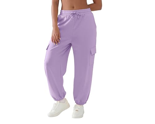 YIPINK Cargo Sweatpants for Women with Pockets Casual Baggy Joggers Pants Travel Outdooors Hiking Gym Workout Pants Light Purple
