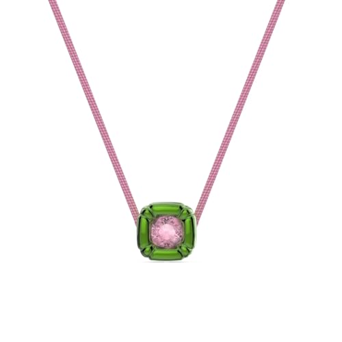 Swarovski Dulcis Necklace, Single Pink Crystal in a Bright Green Setting on a Braided Cord, part of the Dulcis Collection2