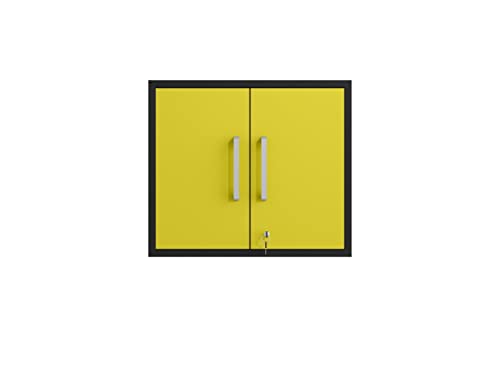 Image of Manhattan Comfort Eiffel 28.35 inch Garage Wall Cabinet, Floating Storage System with Lock, Soft Close Doors and Mounting Brackets, Utility Organizer for Workshop & Laundry Room, Set of 2, Black /Yellow