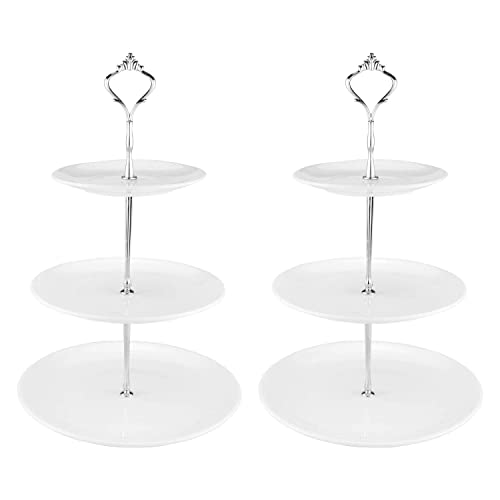 Tebery 2 Pack Ceramic Cake Stand Dessert Display Tower Stand - 6, 8, 10 Inches, 3-Tier Serving Tray Platter Party Food Server Display Holder With Silver Carry Holder #TOP1