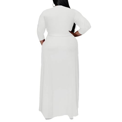 Image of Plus Size Dresses for Women Floral Maxi Dress Flowy 3 /4 Sleeve Oversize Long Dresses with Belt White 2XL