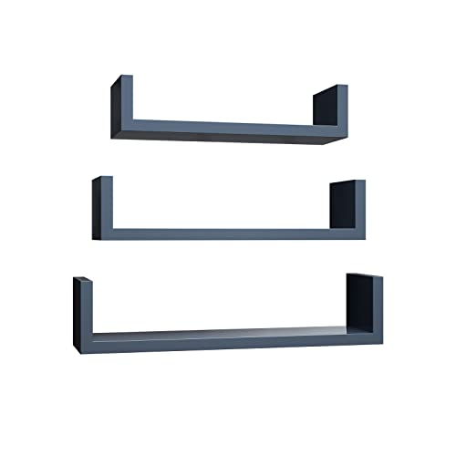SONGMICS LWS040G02 - Juego de 3 estantes de Pared Modernos, estantes flotantes de Tablero DM con Acabado de Alto Brillo y Montaje Invisible, Color Gris