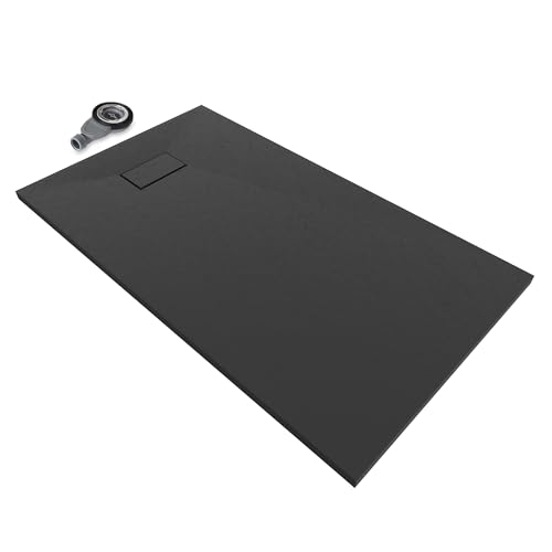 SMC BOREAL Duschwanne 140x90 cm, Extra Flache und Robuste Duschtasse 26MM Mit Anti-Rutsch-Oberfläche In Schieferoptik/Steinoptik - Schwarz, Inkl. Ablaufgarnitur Mit Deckel