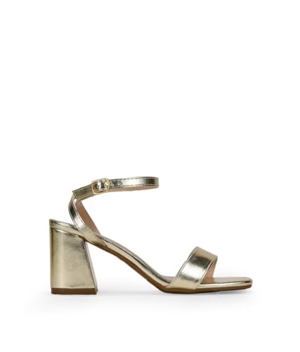 BOSANOVA Sandalias con Efecto Metalizadas con una Tira al Empeine y Detalle de tacón Ancho de 7,5 cm. Cierre de Pulsera con Hebilla. Calzado para Mujer Oro 41