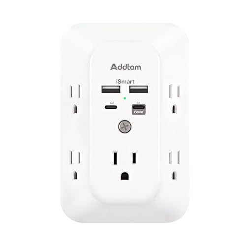Image of Addtam 5-Outlet Extender Surge Protector, Multi Plug Wall Outlet with 4 USB Wall Charger(PD 20W), Outlet Splitter Power Strip for Home Office Dorm Room Essentials, Plug Extension Outlet 1800J