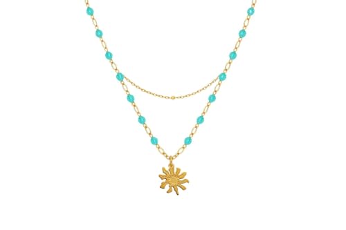 TALISMAN JEWELLERY Collar de Acero 316L Dorado 18K (PVD) y Circonita Cúbica Turquesa - Eguzkilore, Flor del Sol, Flor Vasca (13 mm pieza / 38 + 5 cm cadena)