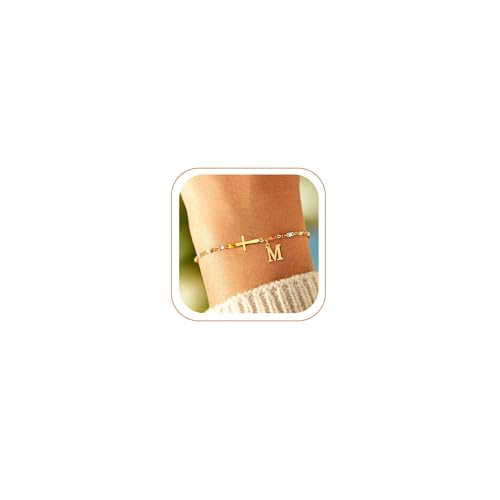 ZHESHY Gold Bracelet for Women Dainty A-Z Initial Bracelets Christian Gifts for Women Colorful Beaded Bracelet Cross Link Chain Baptism Religious Easter Gifts Mothers Day Gifts for Mum