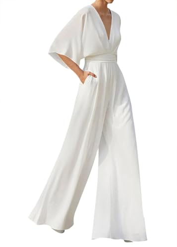 shownicer Femmes Combinaison Manches Courtes Col en V Couleur Unie Jumpsuit Chic Pantalon Large Taille Haute Casual Combishort A Blanc S