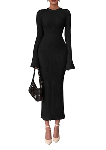 PRETTYGARDEN Sweater Dresses for Women 2026 Fall Bell Long Sleeve Crew Neck Bodycon Maxi Dress Winter Ribbed Knit Outfits (Black,Medium)