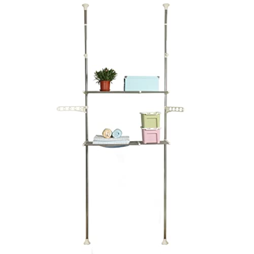 Hershii 2-Layer Over The Toilet Storage Standing Shelf Units Bathroom Space Saver Adjustable Laundry Shelf Clothing Rack Hanger Organization Double Tension Pole