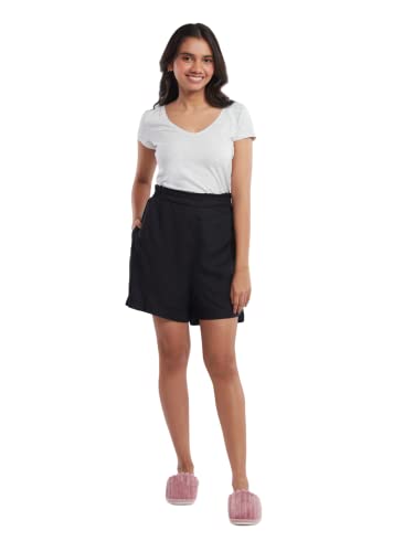 Image of NYKD Everyday Casual Cotton Shorts for Women with Stylish Ruffled Waistband Drawstrings and Side Pockets Night Wear Lounge Shorts - NYS036