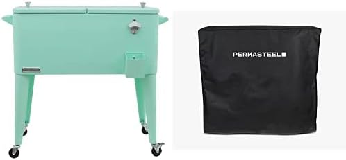 Permasteel PS-A203-MT 80 Quart Portable Rolling Patio Cooler, Mint & Permasteel PA-30385 37" Patio Cooler Cover, Heavy Duty Weatherproof Fabric for Outdoor Patio Backyard, 80 Quart Coolers, Black
