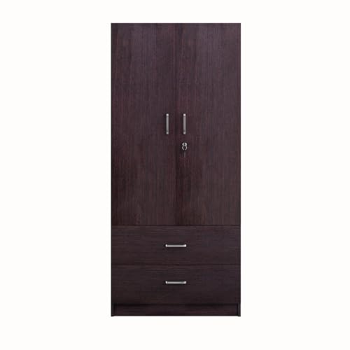 Image of VIKI Wardrobe | Tulum Wardrobe | Wooden Almirah for 2 Door Wardrobe with 2 Drawer & Hanging Space (Dark Wenge - 40D x 80W x 180.8H) | 1 Year Warranty | Free Assembly