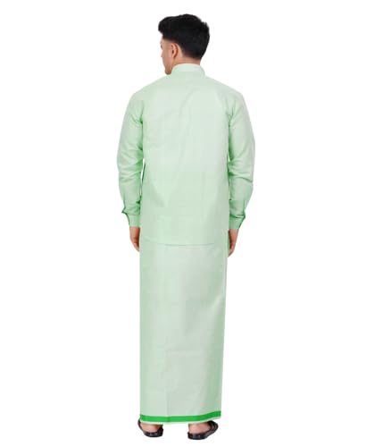 Image of Men's Traditional Indian Shirt and Dhoti Set, Full Sleeves Tissue Silk Cotton Shirt With Dhoti 2 metres for men