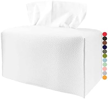 Extra Large Tissue Box Cover Rectangular – Plus Size Tissue Box Holder with Bottom Belt [JESMINI, White] Decorative Faux Leather Long Rectangle Tissue Holder for Bathroom/Home/Car/Office Decor
