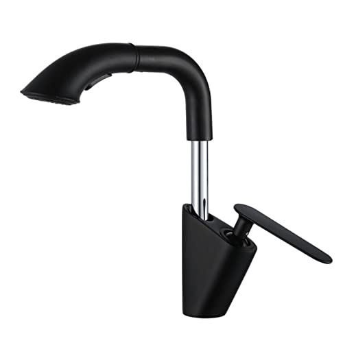 バスルームシンク蛇口 引き出し式スプレー付き 真鍮製 温水・冷水シングルホール 回転伸縮式バスルーム蛇口 - ブラック(Black)