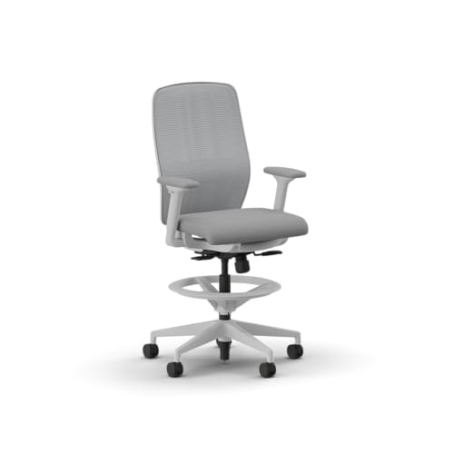 Image of HON Nucleus Task Stool, Ergonomic Office Chair, Home Office Desk Chairs, Synchro-Tilt with Seat Slider, Adjustable Footring, Height-Width Adjustable Arms, Fog Mesh, White Frame, Aspen