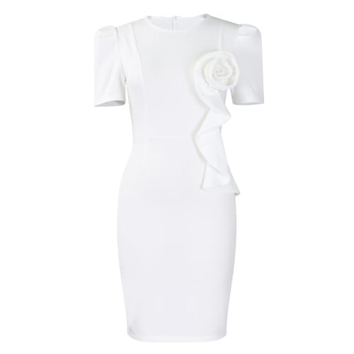 Image of Women Short Sleeve Office Pencil Dress Wedding Guest Church Floral Semi Formal Business Bodycon Midi Dresses