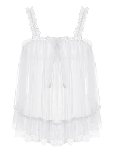 Sissy Mens Mesh See Through Lingerie Slip Top Lace Ruffle Sheer Crossdresser Nightwear