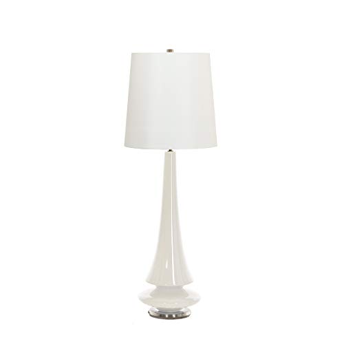 Table Lamp - Polar White Glaze - in - line On/Off Switch. - White Faux Silk Shade - White - LED E27 60W Bulb
