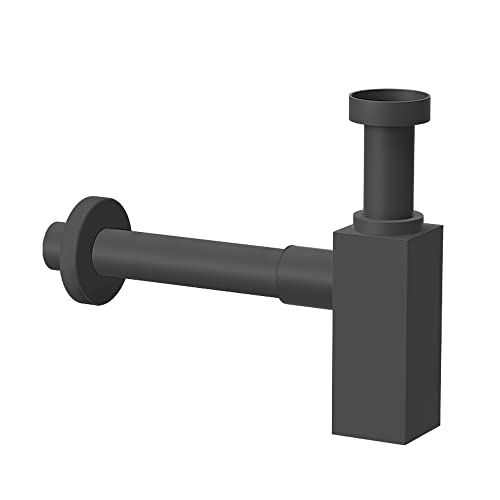 Sifone lavabo Bagno, Nero Opaco in Ottone, Attacco Universale 1” 1/4, Regolabile in Altezza e Lunghezza (Quadrato)