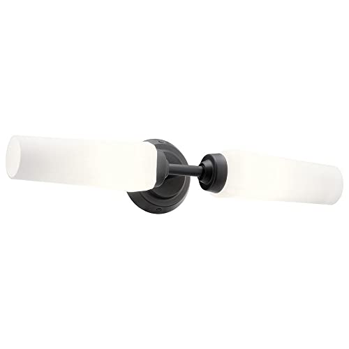 Image of Kichler Truby 19.75 inch 2-Light Bathroom Vanity Light Fixture with Satin Etched Cased Opal Glass in Black, Modern Art Deco Wall Sconce for Bath and Mirror (4.75 inch x 4.5 inch x 20.75 inch), 55074BK
